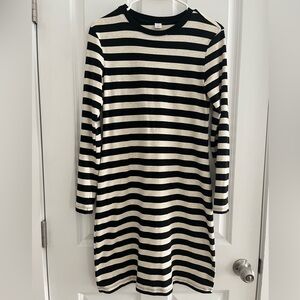Old Navy - Long-Sleeve Rugby Knit Dress in Black/Oatmeal Stripe, S